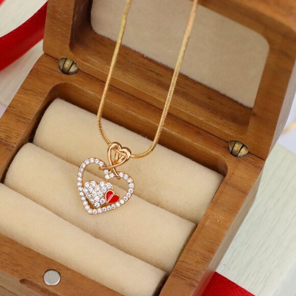 "Heart-Shaped Rose Gold Pendant with Red Accent and CZ Detailing, XPPT1518 - Picture 7 of 13